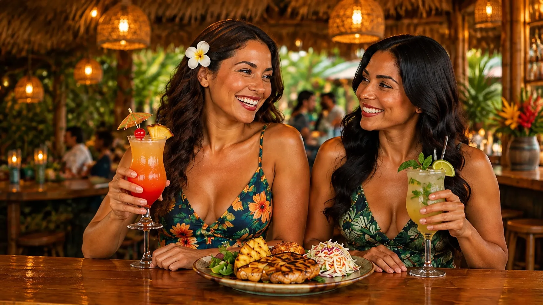 Friends enjoying cocktails and grilled food at a warmly lit tiki bar